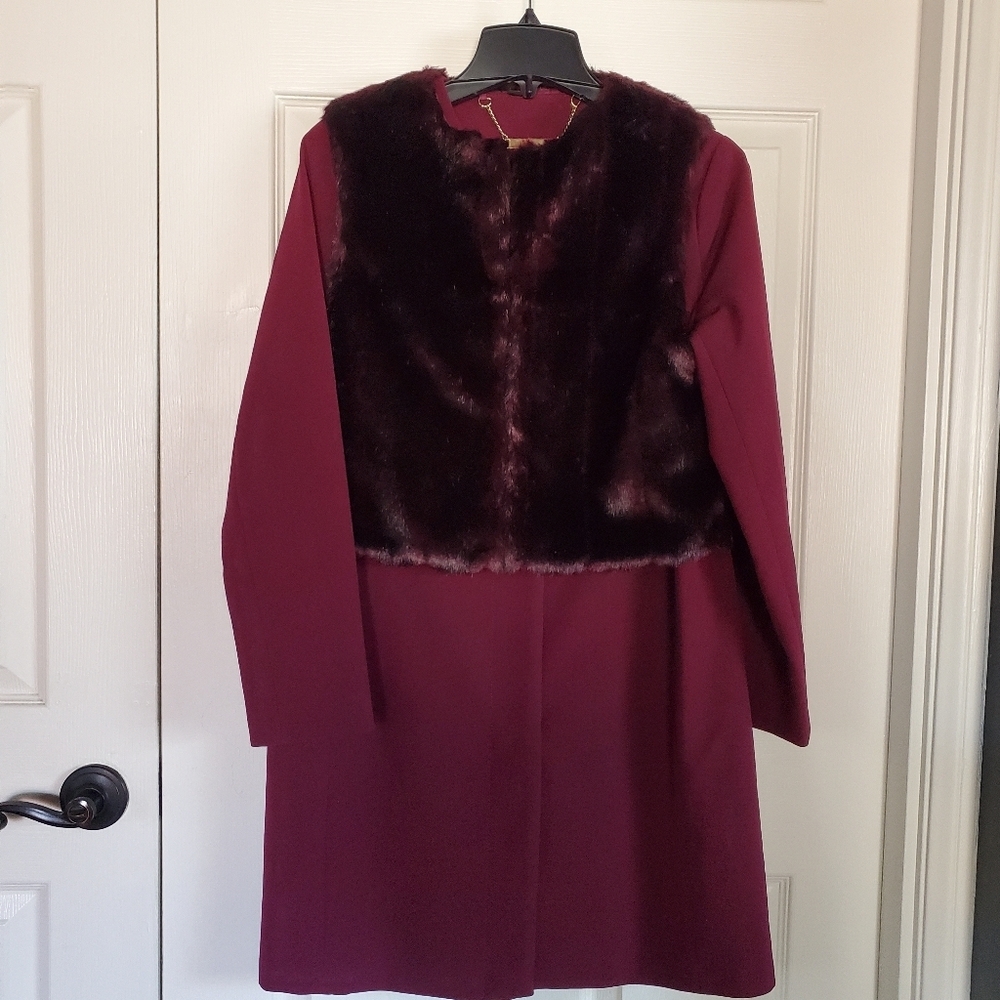 IMAN Platinum Collection Faux Fur Burgundy Coat Removable Vest Button-up Size XS